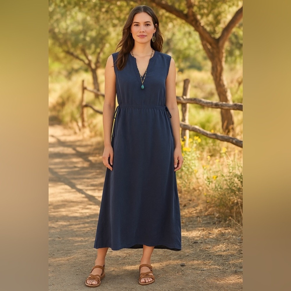 Sundance 100% Lyocell Navy Midi Dress Size 8 Boho Sleeveless Tie Waist Sz 8